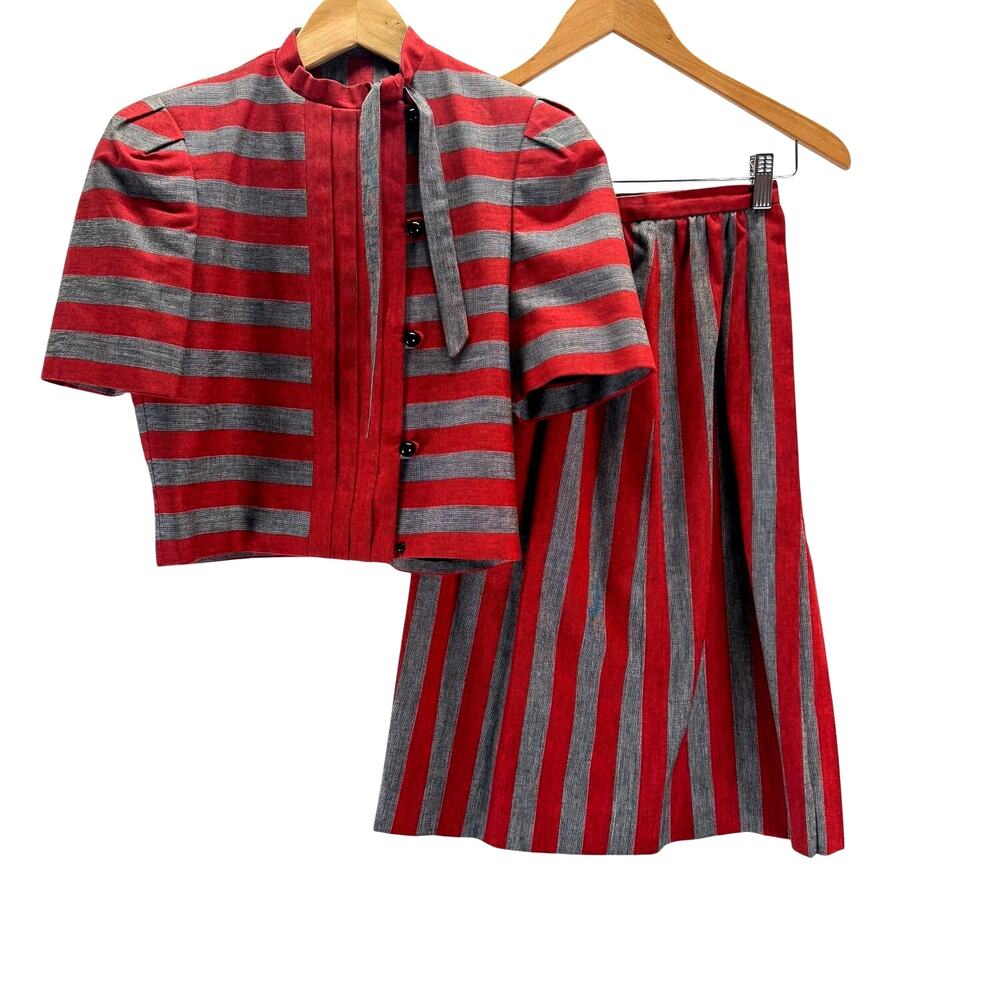 VTG 80s Nipon Couture Skirt Suit Set I Magnin Red Grey Stripe 4 Modern XS 0 00